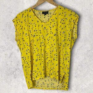Zilch Amsterdam Yellow Floral‎ Blouse Size Large Y2K Bright Top Short Sleeve 90s